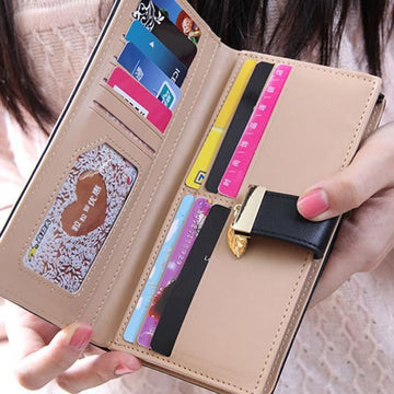 TD® Porte Feuille Long Femme en Cuir PU de Couleur Noir(e) Motifs Incrustés Double Fermeture Zip Bouton à Pression Détails Dorés